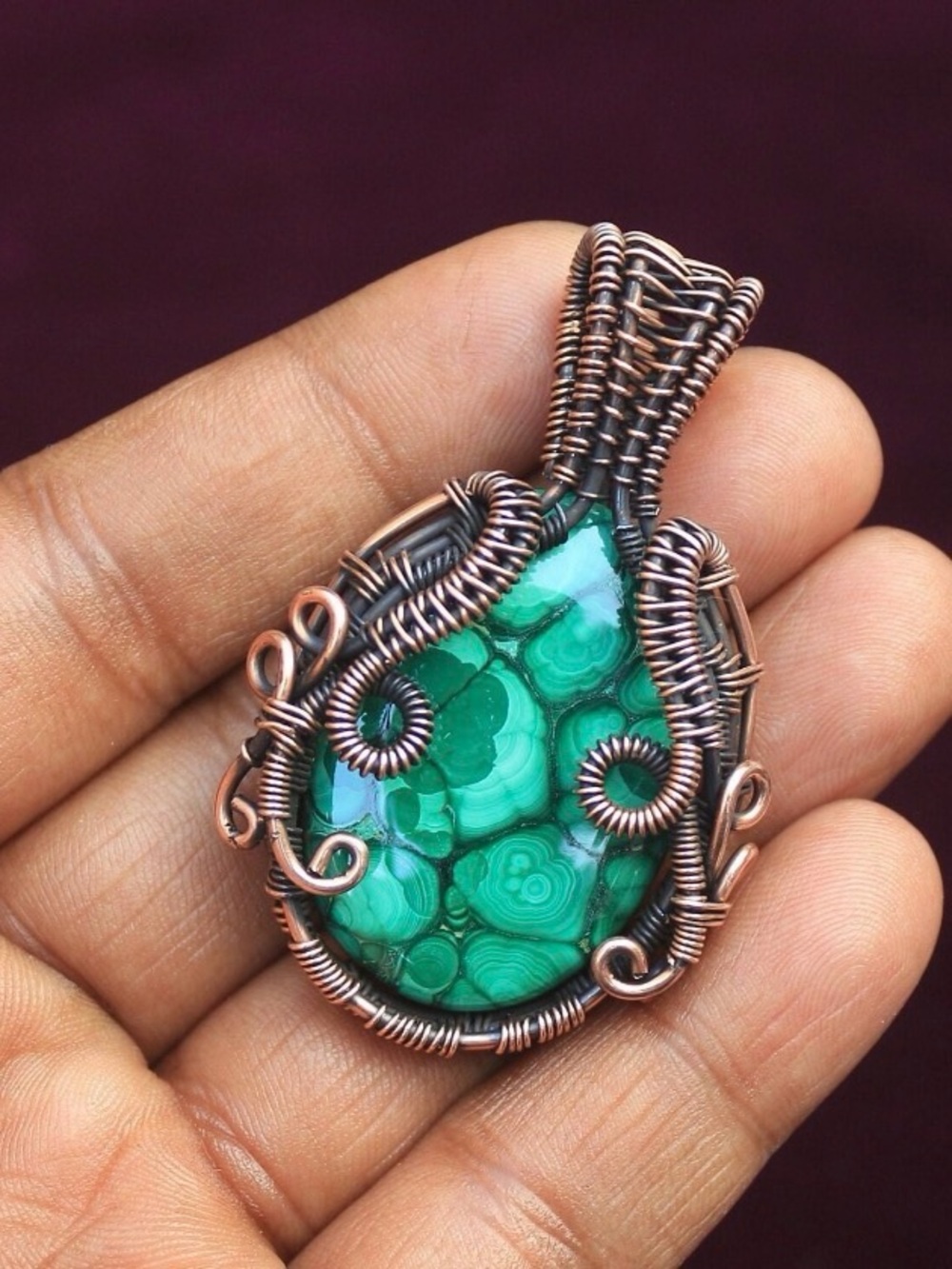 Green Malachite Teardrop Pendant with Copper Wire Wrap